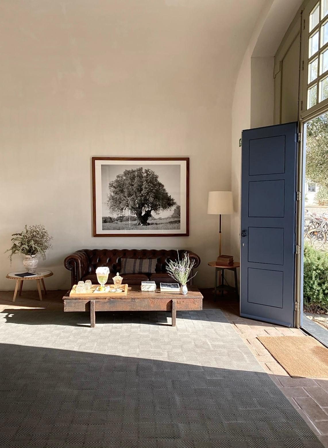 Lounge with blue door and natural light
